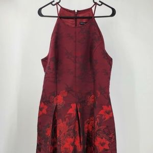 White House Black Market Red Floral Jacquard Fit Flare Pleated Dress 12 NEW B2